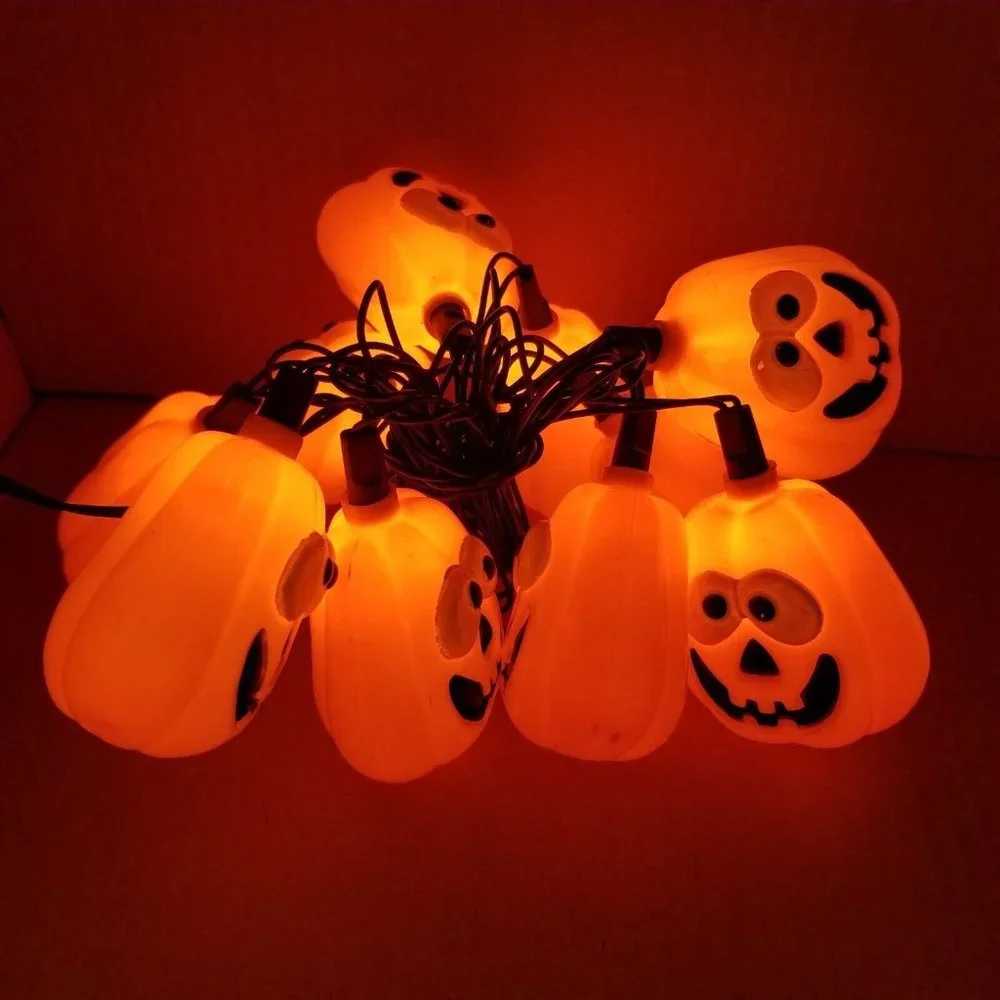 Vintage Jack O' Lantern Happy Halloween String Lights Plastic Blow Mold Pumpkins